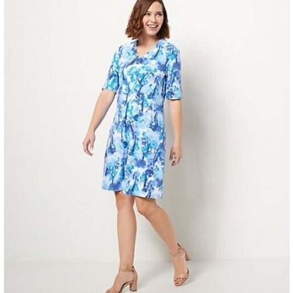 Isaac Mizrahi Live! Regular Printed V-Neck Suine Dress w/ El Blue Medium - Picture 1 of 2